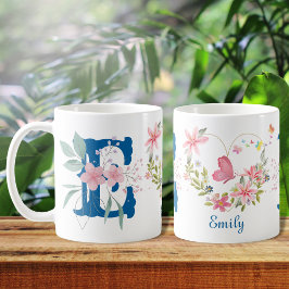 Eleganfarbenes Floral Butterfly Monogramm E Kaffeetasse