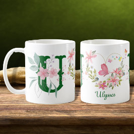 Eleganfarbenes Floral Butterfly Monogramm U Kaffeetasse