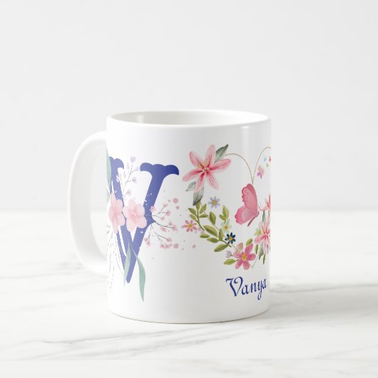Eleganfarbenes Schwarz-Butterfly Monogramm V Kaffeetasse (Vorderseite Links)