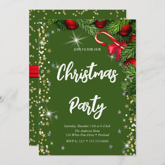 Elegangrün, Diamant, Weihnachtsbaum Einladung (Vorne/Hinten)