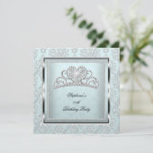 Eleganlight Blue Damask Silver Tiara Geburtstag Einladung (Stehend Vorderseite)