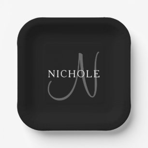Eleganname Monogram   Schwarz-weiß & grau Pappteller