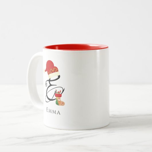 Eleganname Monogram Script Letter E Christmas Zweifarbige Tasse (Vorderseite Links)