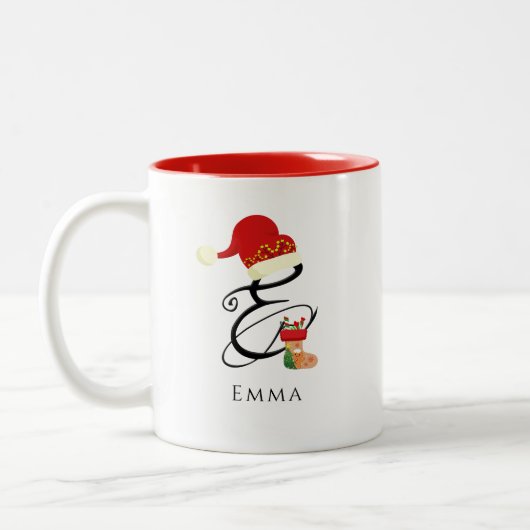 Eleganname Monogram Script Letter E Christmas Zweifarbige Tasse (Links)