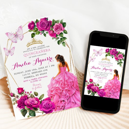 Eleganpink Fuchsia Butterfly Floral Quinceñera Einladung