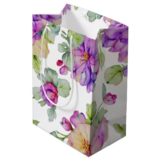 Eleganrosa lila Aquarellblüte Mittlere Geschenktüte (Rückseite Schrägansicht)