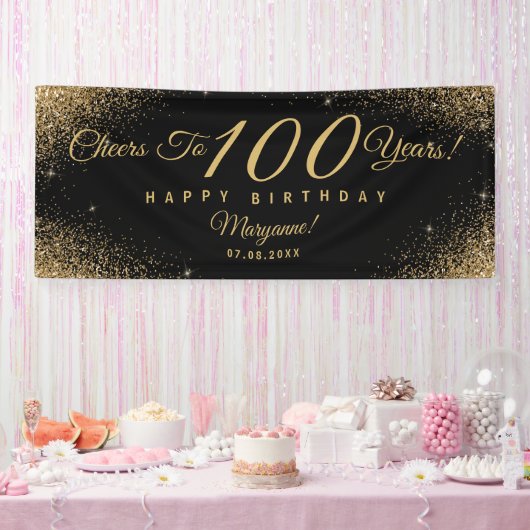 Elegant 100 Birthday Party Black Gold Name Script Banner (Party)