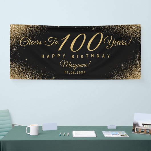 Elegant 100 Birthday Party Black Gold Name Script Banner (Messe)