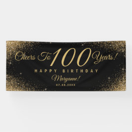 Elegant 100 Birthday Party Black Gold Name Script Banner