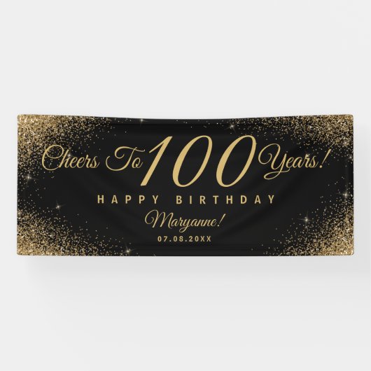 Elegant 100 Birthday Party Black Gold Name Script Banner (Horizontal)