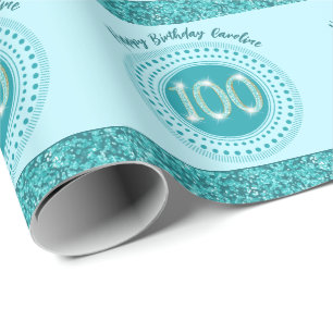 Elegant 100. Geburtstag Aquamarin Blue Glitzer & S Geschenkpapier