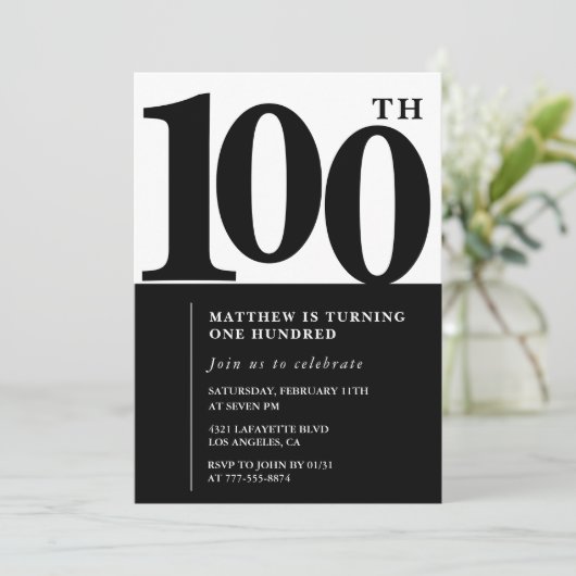 Elegant 100. Geburtstag Einladung Black Modern (Stehend Vorderseite)