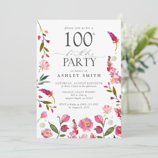 Elegant 100. Rosa Aquarellfarbe Blumengeburt Einladung (Stehend Vorderseite)