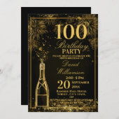Elegant 100th Birthday Gold Bottle Fizz Einladung (Vorne/Hinten)