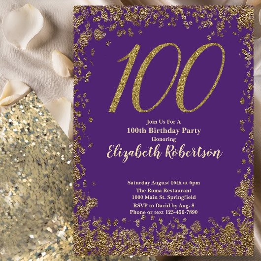 Elegant 100th Purple Birthday Invitation Gold  Einladung