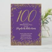 Elegant 100th Purple Birthday Invitation Gold  Einladung (Stehend Vorderseite)