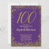 Elegant 100th Purple Birthday Invitation Gold  Einladung (Vorderseite)
