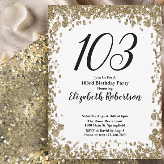 Elegant 103rd Birthday Invitation For Her in Gold Einladung