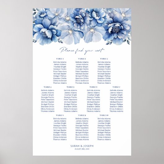 Elegant 10 Table Blue Floral Wedding Chart Poster (Vorne)