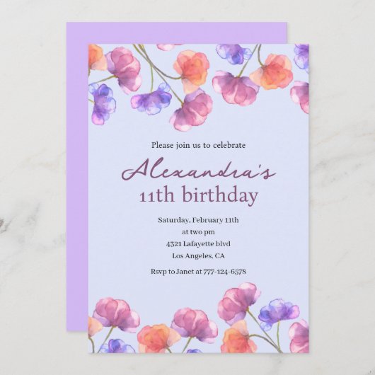 Elegant 11. Geburtstag Einladungen Boho Floral Chi (Vorne/Hinten)