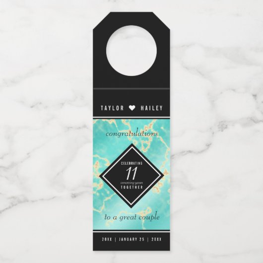 Elegant 11. Hochzeitstag in Türkis Flaschenanhänger (Vorderseite)