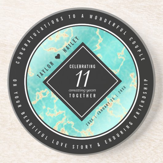 Elegant 11. Hochzeitstag in Türkis Getränkeuntersetzer (Vorne)