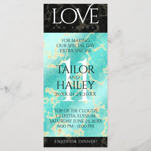 Elegant 11. Hochzeitstag in Türkis Menükarte (Rückseite)