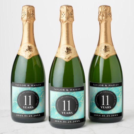 Elegant 11. Hochzeitstag in Türkis Schaumweinetikett (Flaschen)