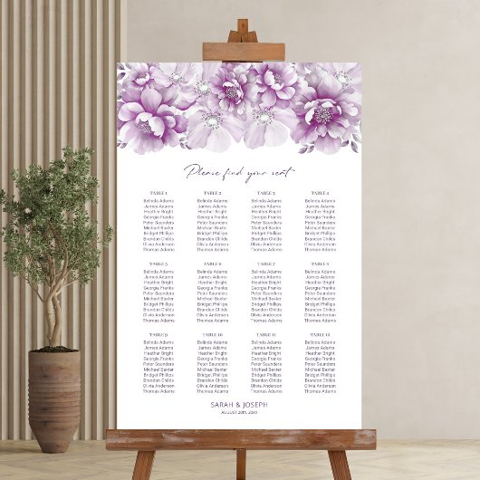Elegant 12 Table Pink Floral Wedding Chart Poster
