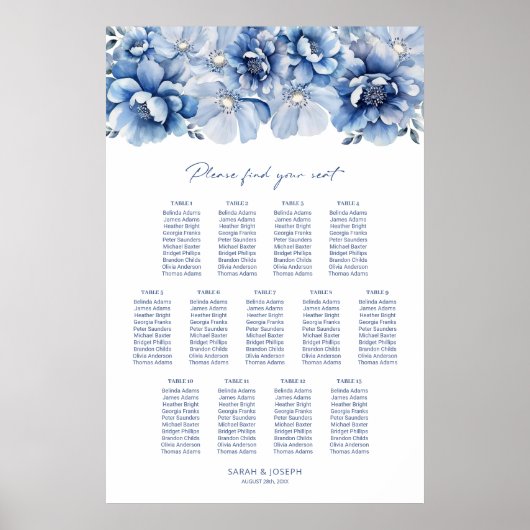 Elegant 13 Table Blue Floral Wedding Chart Poster (Vorne)