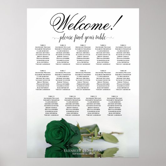 Elegant 14 Table Emerald Green Rose Seating Chart Poster (Vorne)