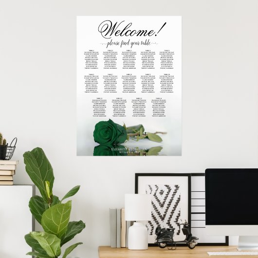 Elegant 14 Table Emerald Green Rose Seating Chart Poster (Heimbüro)