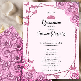 Elegant 15th birthday pink roses Quinceanera Einladung