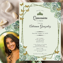Elegant 15th birthday sage green gold Quinceanera Einladung