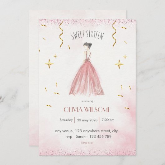 Elegant 16 . Geburtstag Birthday Einladung (Vorne/Hinten)
