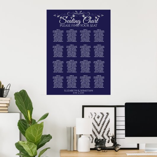 Elegant 16 Table Navy Blue Wedding Seating Chart Poster (Heimbüro)