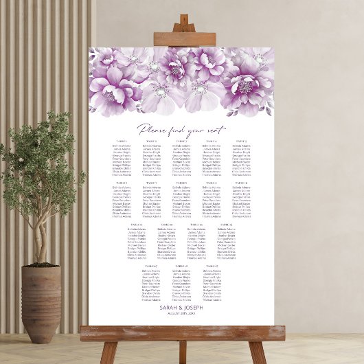 Elegant 17 Table Pink Floral Wedding Chart Poster