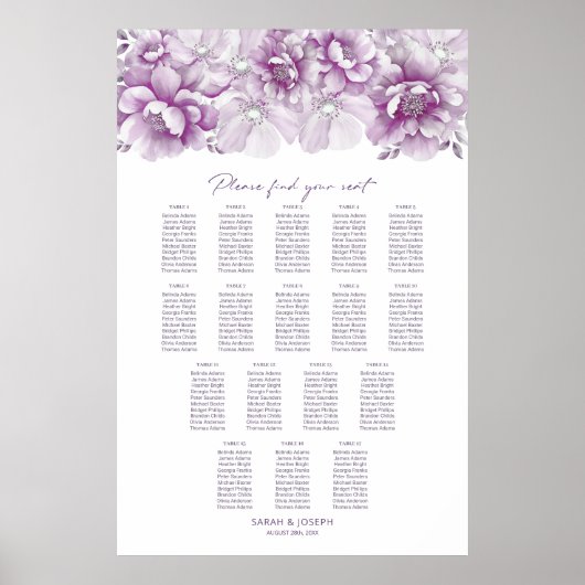 Elegant 17 Table Pink Floral Wedding Chart Poster (Vorne)