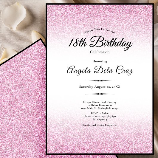 Elegant 18th Birthday Pink Glitter Debut Einladung