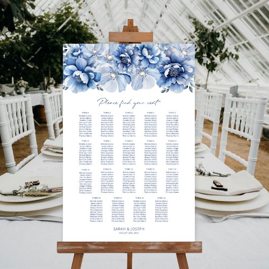 Elegant 19 Table Blue Floral Wedding Chart Poster
