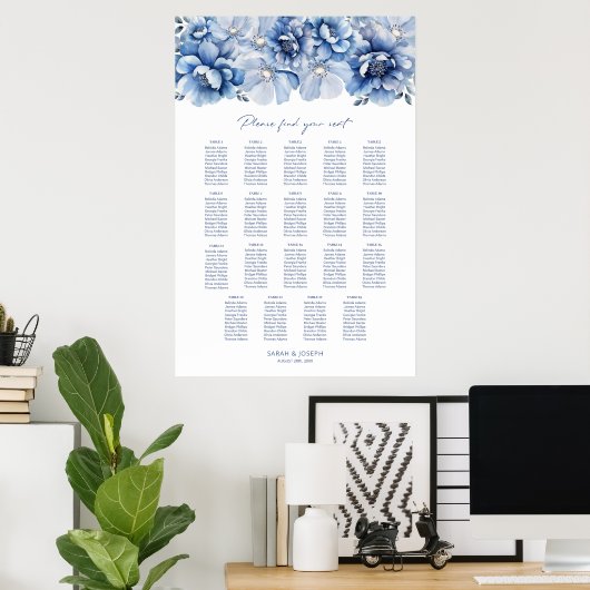 Elegant 19 Table Blue Floral Wedding Chart Poster (Heimbüro)