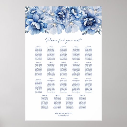 Elegant 19 Table Blue Floral Wedding Chart Poster (Vorne)