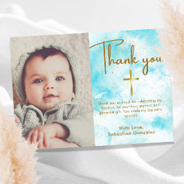Elegant 1 Foto Blue Watercolor Gold Cross Taufe Dankeskarte