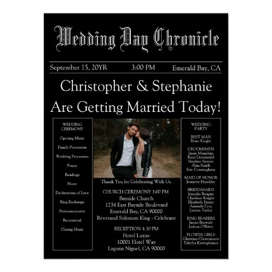 Elegant 1 Foto QR Code Newspaper Wedding Program Poster (Vorderseite)