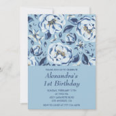 Elegant 1. Geburtstag Einladungen Floral Blue (Vorderseite)