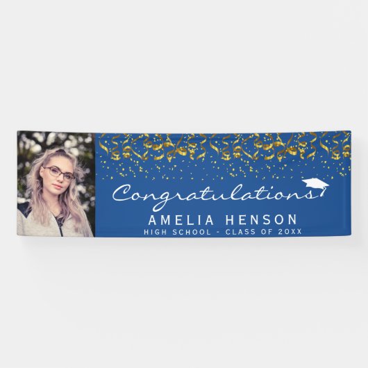 Elegant 2022 Blue Gold Confetti Graduate Foto  Banner (Horizontal)