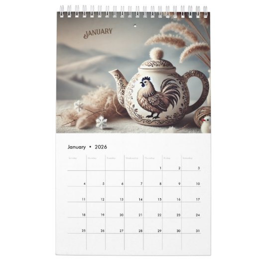 Elegant 2026 Pretty Chicken Teapots Calendar - Fun Kalender (Jan 2026)