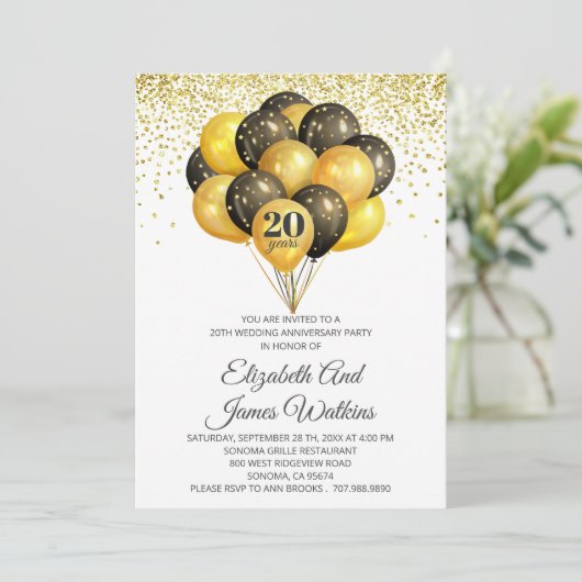 Elegant 20. Hochzeit Jubiläum Gold und Black I Einladung (Stehend Vorderseite)
