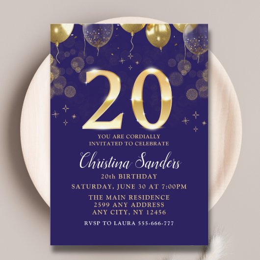 Elegant 20th Birthday Invitation with Gold Ballons Einladung