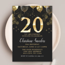 Elegant 20th Birthday Invitation with Gold Ballons Einladung